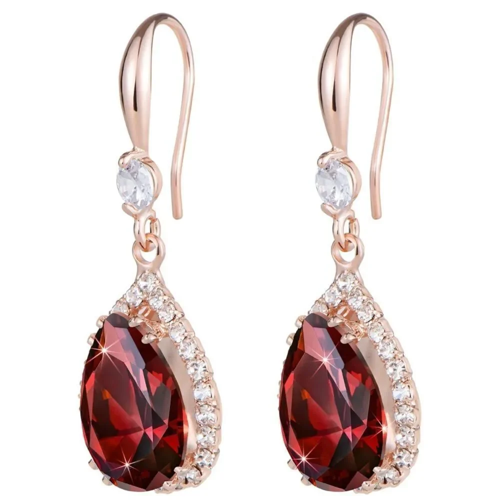 14K Rose Gold with Red Garnet Cubic Zirconia Teardrop Hook Dangling Earrings